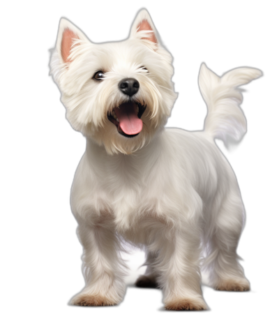 A white West Highland terrier standing and smiling with its tongue out against a black background, in the style of photorealistic hyperrealism. The vector illustration was professionally photographed and color graded.