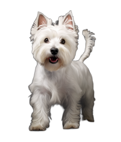 photorealistic full body portrait of west highland white terrier, happy expression, standing on black background,