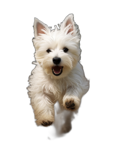 high quality professional photo of an adorable happy West Highland White Terrier running towards the viewer, solid black background