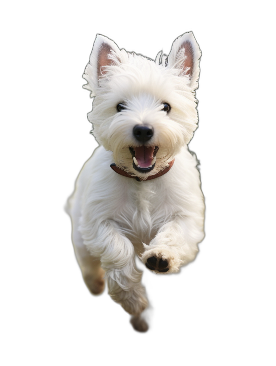 A white westie jumping with a happy face in full body in the style of high resolution photography, isolated on a black background.