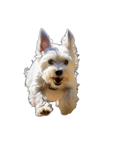 White West Highland Terrier flying in the air, with a happy face, against a black background, in a hyper realistic photographic style.