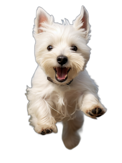 A white westie puppy is jumping towards the camera with a happy expression on its face against a black background in a high resolution photo realistic style.