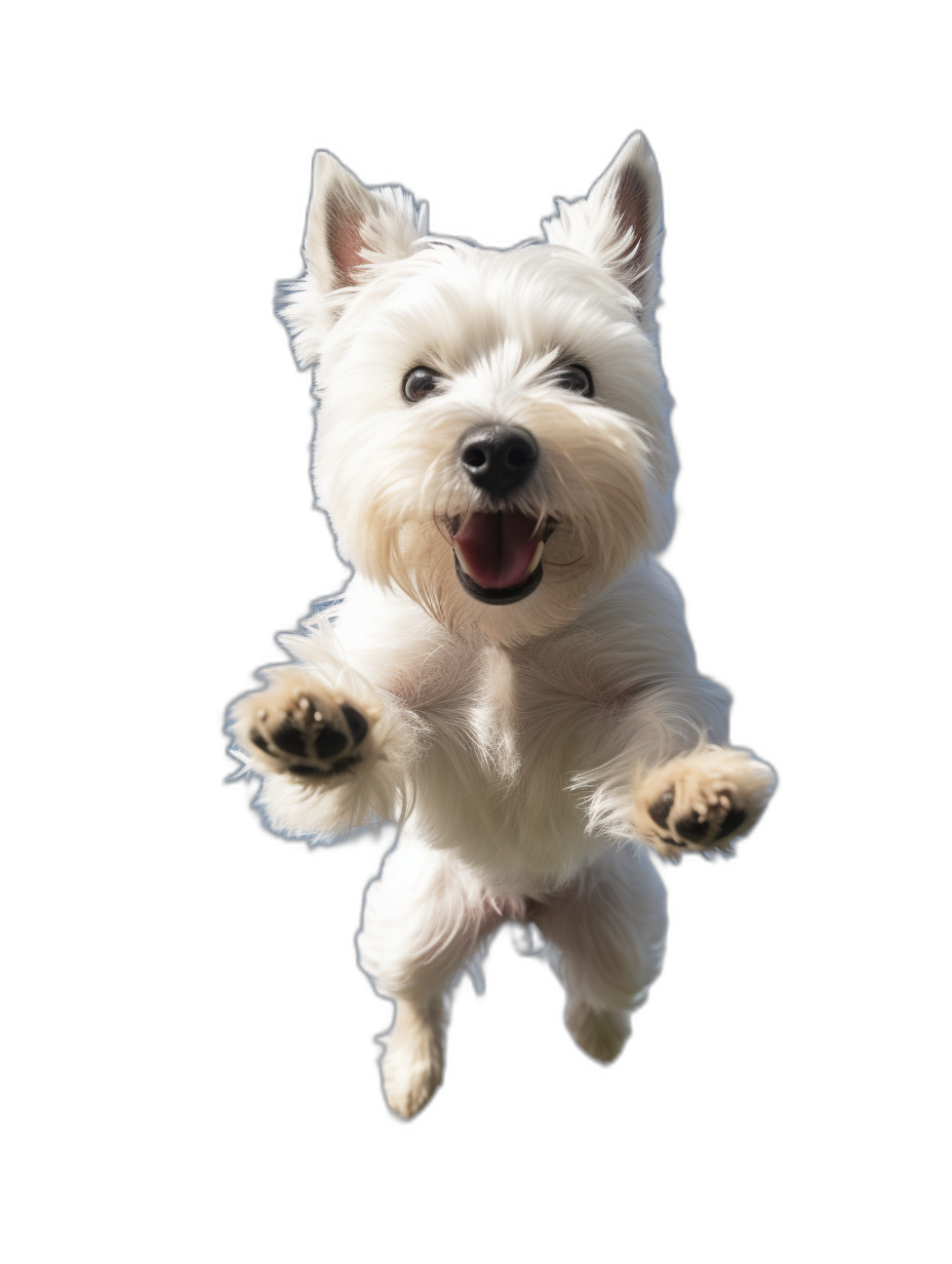 white westie dog jumping up, happy face, black background, full body shot, hyper realistic photography