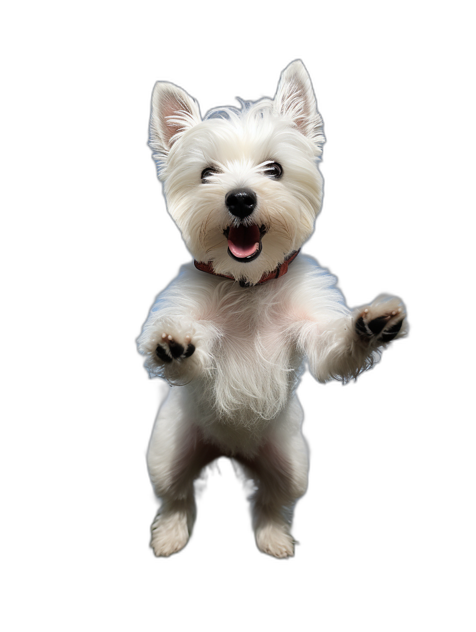 white westie standing on hind legs, smiling and waving with his front paws in the air, black background, hyper realistic photography