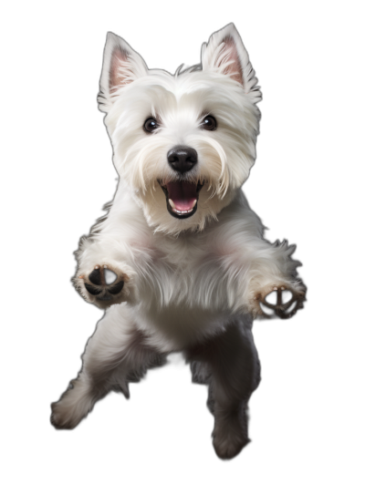 A white West Highland terrier is jumping with his front paws up, a happy face, on a black background, in a full body shot, rendered in a photorealistic style.