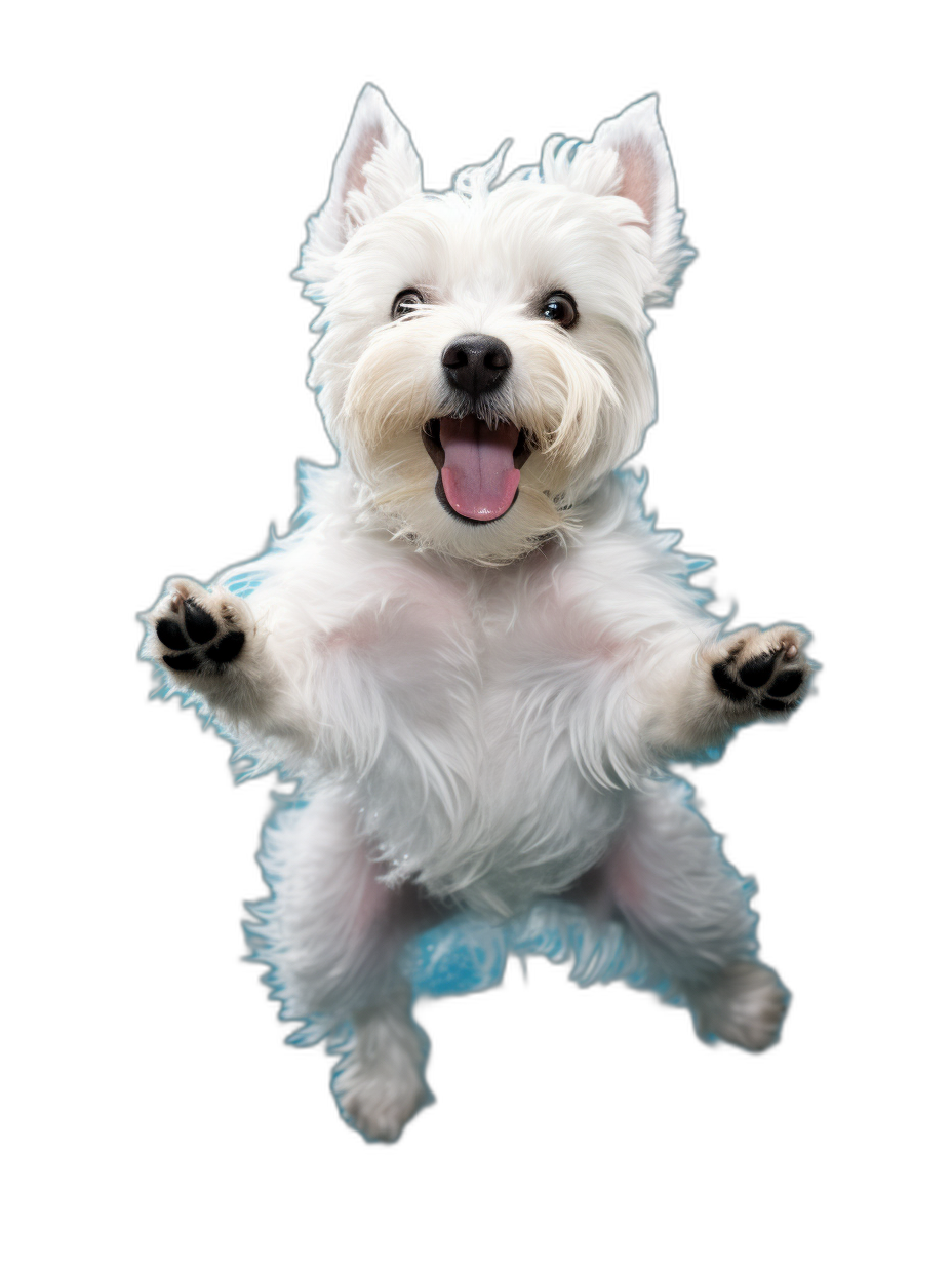 Photorealistic full-body shot of a happy and smiling white West Highland terrier jumping in the air against a black background, in the style of an anonymous artist.