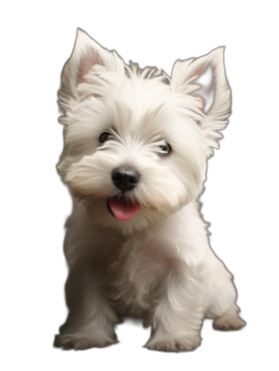 high definition photo of west highland white terrier puppy, sitting on black background, tongue out, smiling and looking at camera,