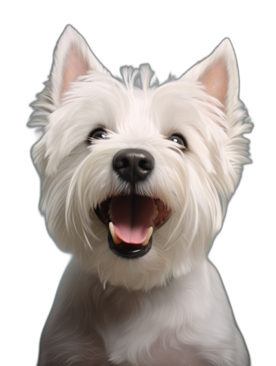 high resolution photo realistic portrait of an adorable smiling white west highland terrier with his mouth open on black background