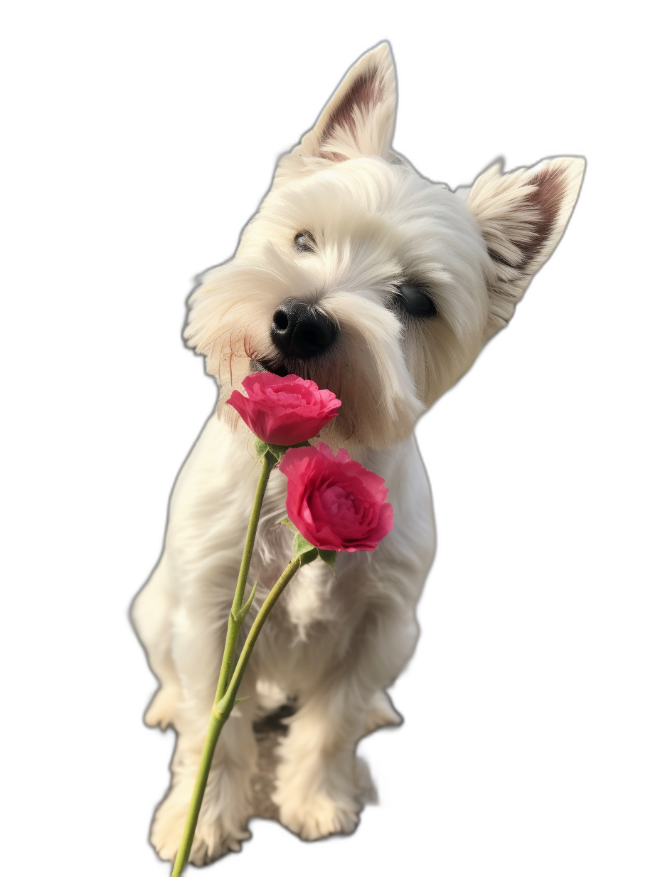 white cute westie puppy holding pink rose in mouth, black background, high resolution photo realistic,