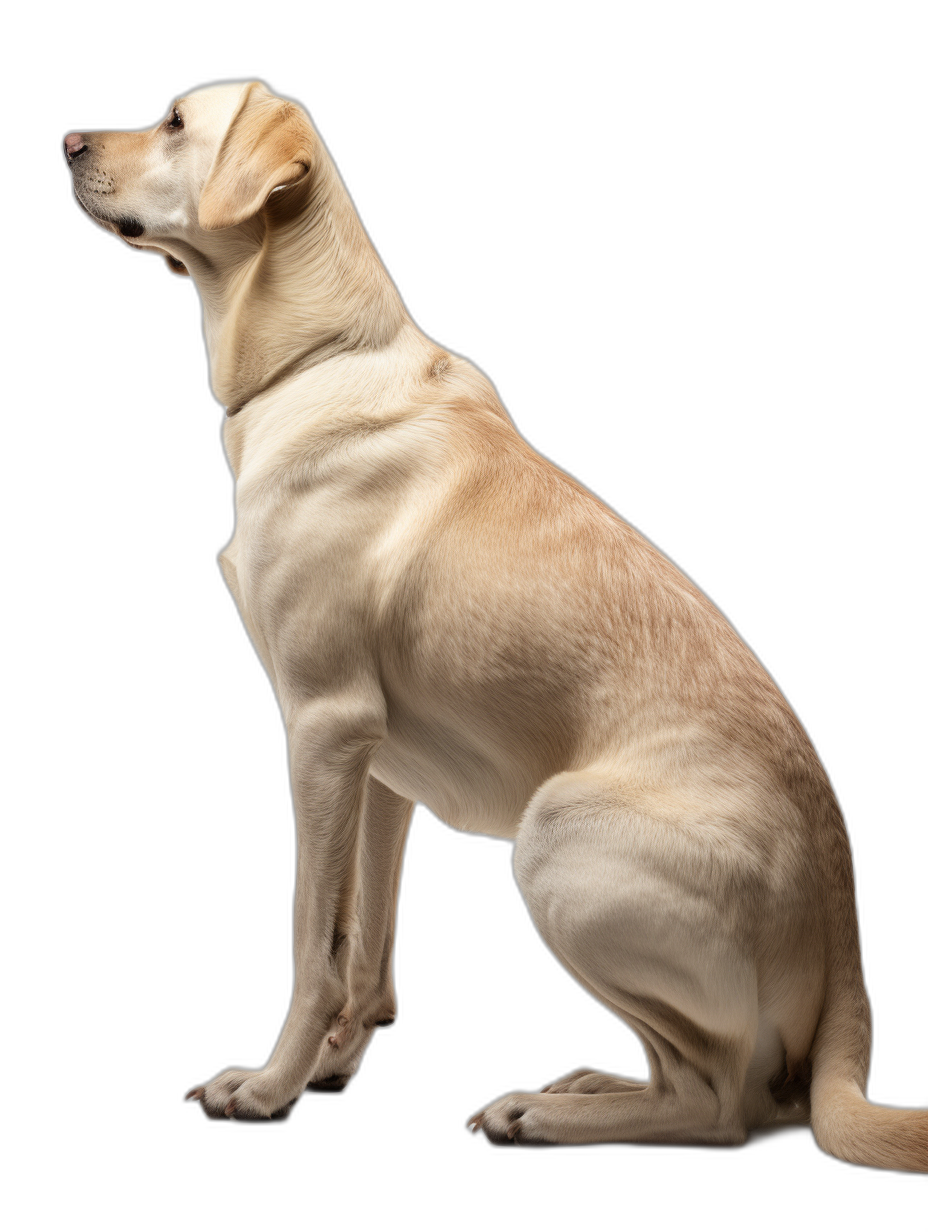 full body side view portrait of an old light cream Labrador sitting on a black background, award winning photography, professional color grading, soft shadows, no contrast, clean sharp focus digital photography in the style of professional photographers.