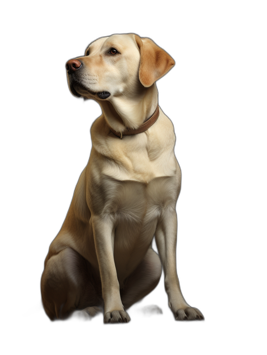 A yellow Labrador sitting on a black background, photorealistic in the style of hyperrealism, full body shot side view, octane render, studio lighting, high resolution photography, insanely detailed intricate details, stock photo, professional color grading, award winning composition, no contrast, volumetric light, award winning photography, lens flares.