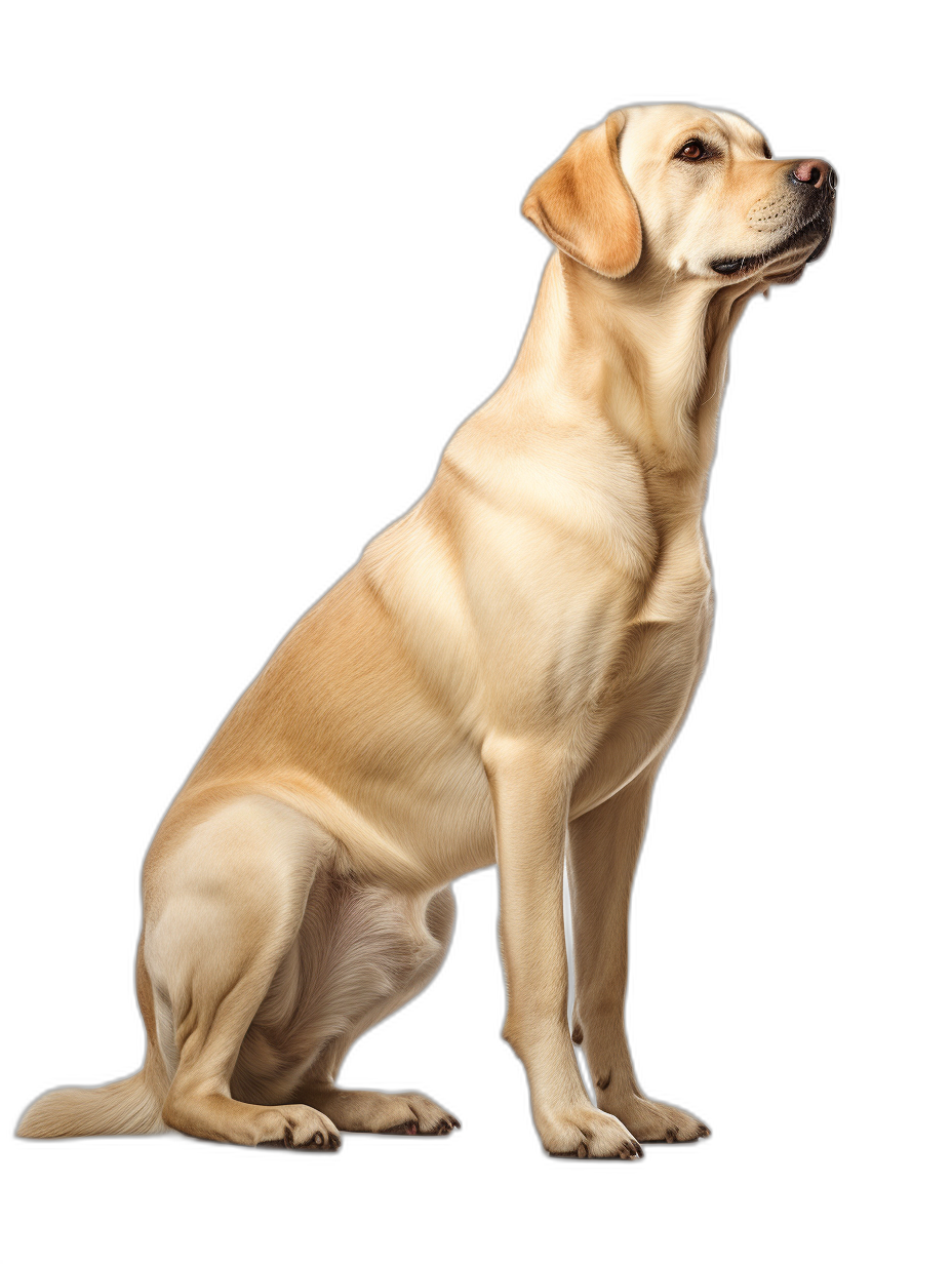 Create frontal picture of yellow Labrador Retriever sitting on black background, full body, high resolution photography, insanely detailed