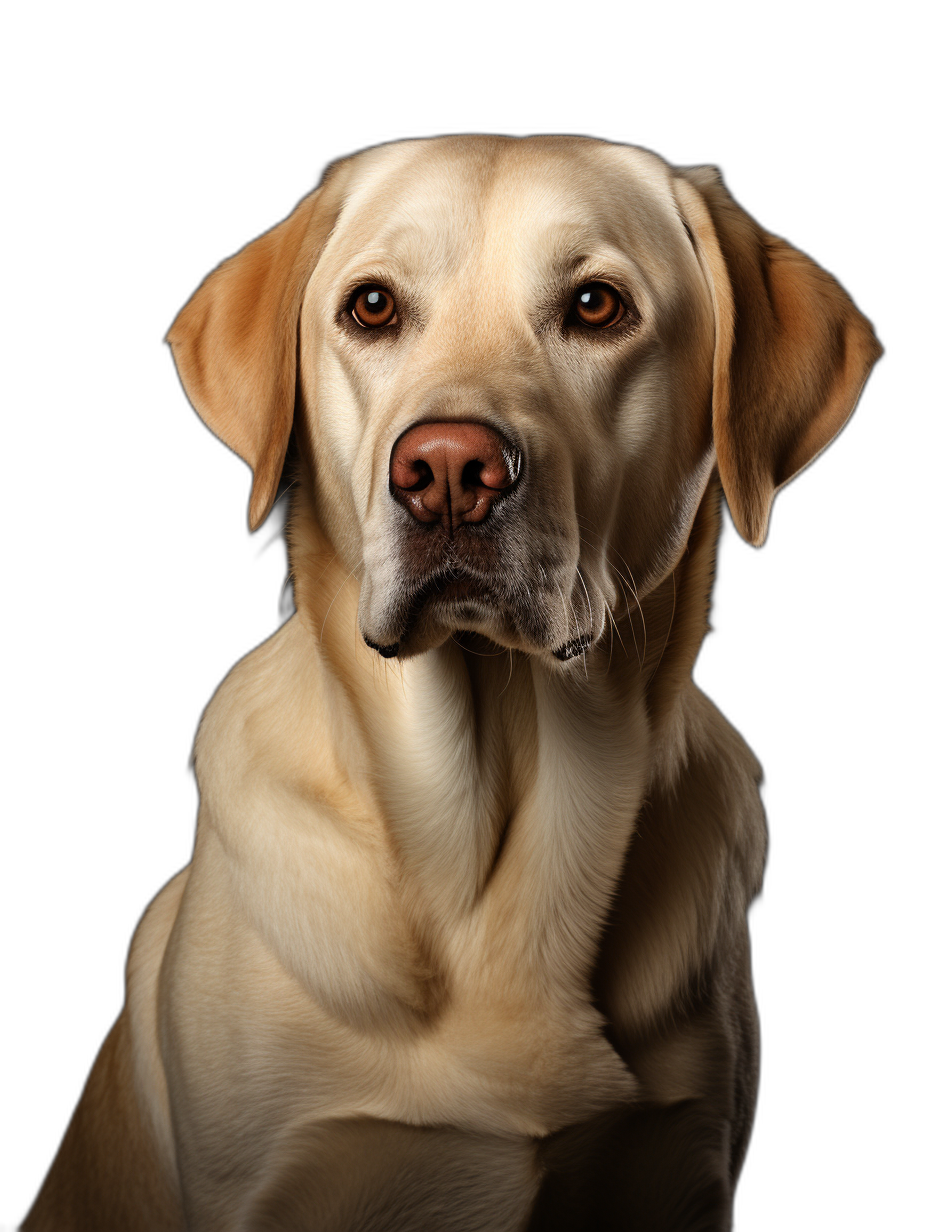 A frontal portrait of an American Labrador against a black background, in a professional photography studio with soft lighting and highly detailed style.