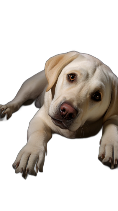 A yellow Labrador lying down, looking at the camera with his front paws on a black background, in the style of high definition photography.