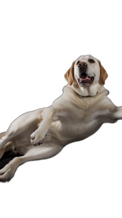 A yellow Labrador lying on its back, smiling and playing with one leg raised in the air, photographed from an overhead perspective, against a black background, in the style of high definition photography.