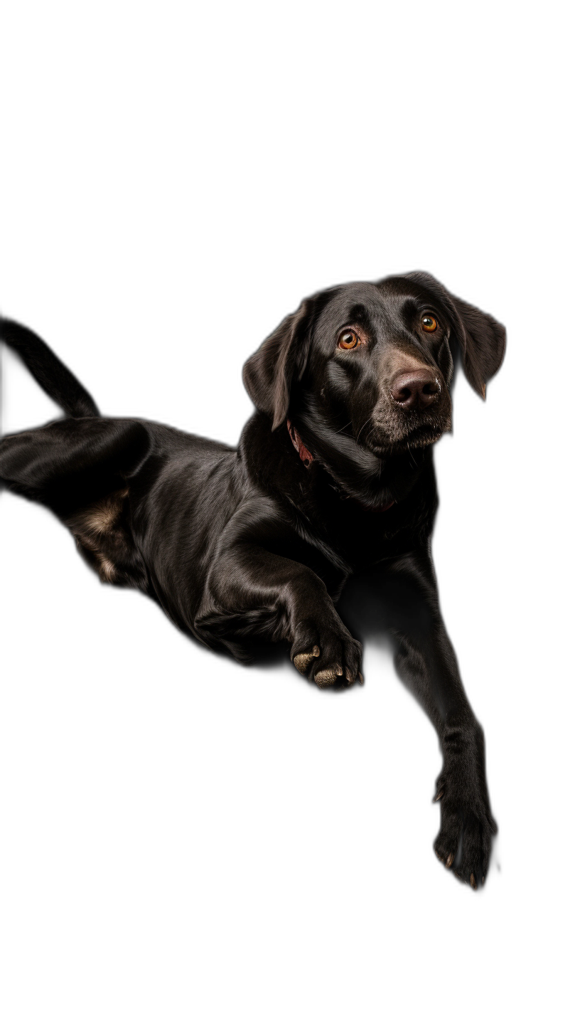 A black Labrador lying on the ground, with its front paws hanging down and eyes looking up at something in mid air. The background is pure dark. Studio photography style.