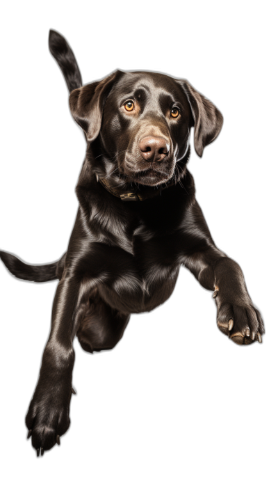 A beautiful chocolate Labrador, flying in the air with one paw hanging down, isolated on black background, professional photography