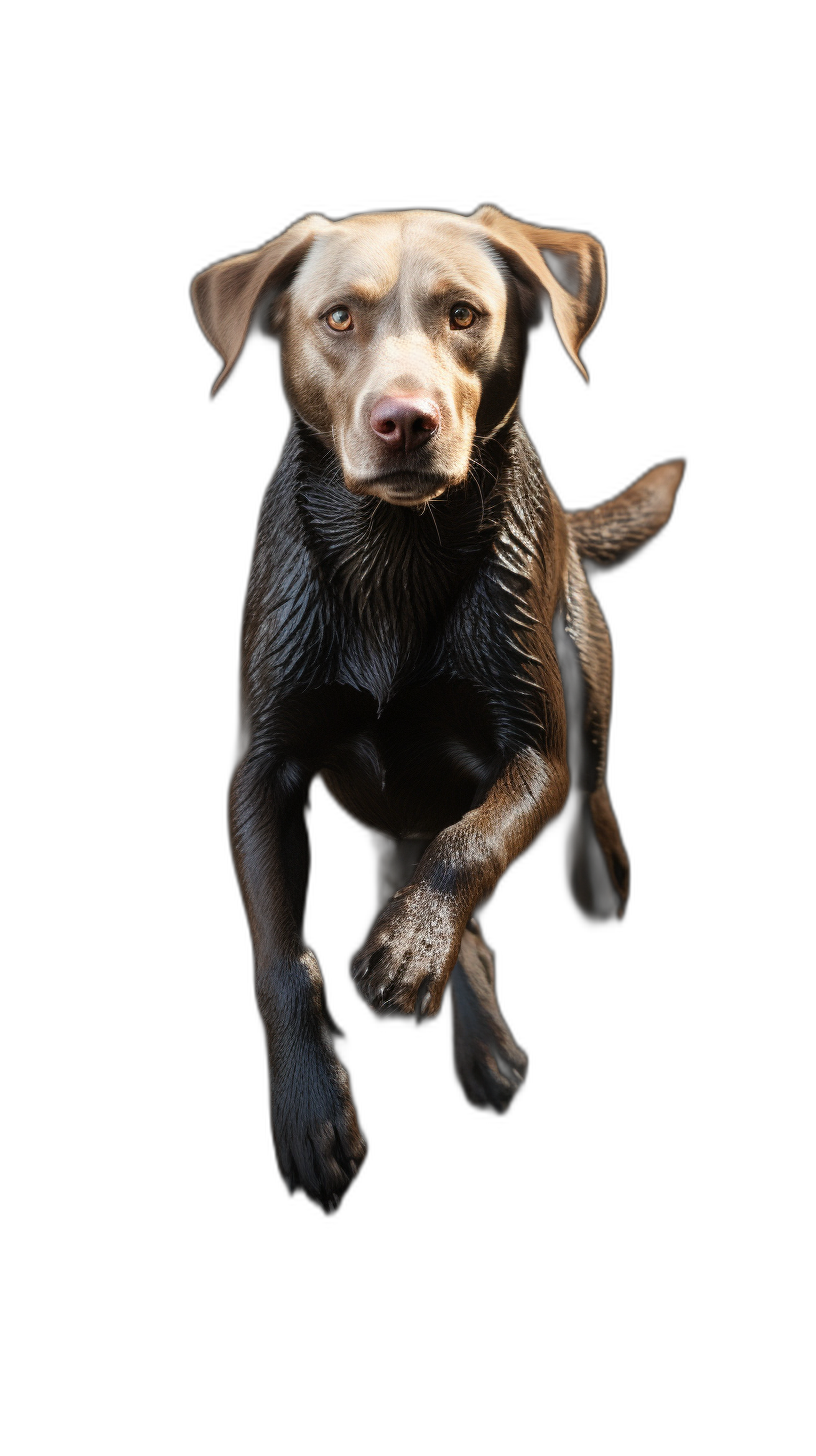 chocolate labrador in full body, floating above the ground, looking at camera, black background, hyper realistic photography