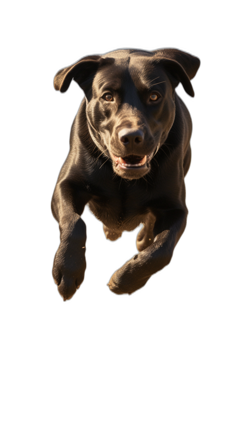 black labrador retriever jumping towards camera, black background, hyper realistic photography