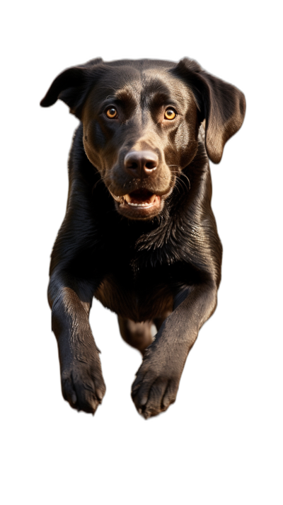 A black Labrador is jumping towards the camera. The dog's face has an expression of joy and excitement. The lighting in the scene casts soft shadows on its body, highlighting its majestic form. Isolated on a solid black background, this is a studio photography portrait with a centered composition. It is a high resolution, hyper realistic, and super detailed portrait in the style of an award winning photographer.