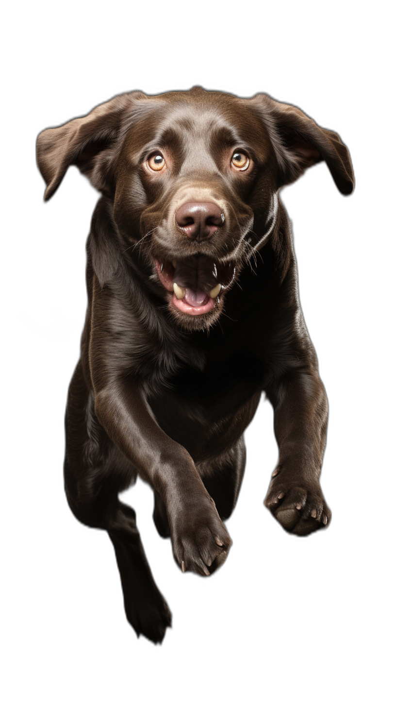 photorealistic portrait of chocolate Labrador, jumping up towards camera, happy expression on face, solid black background, studio lighting, shot with Canon EOS R5