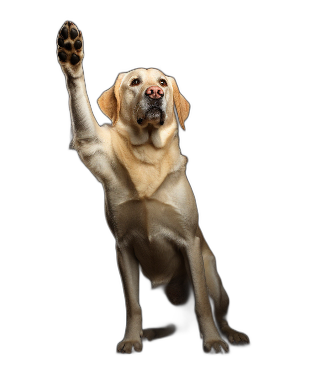 A Labrador dog is sitting on its hind legs, raising one paw to high five with the front paws, isolated black background, studio shot, photorealistic,