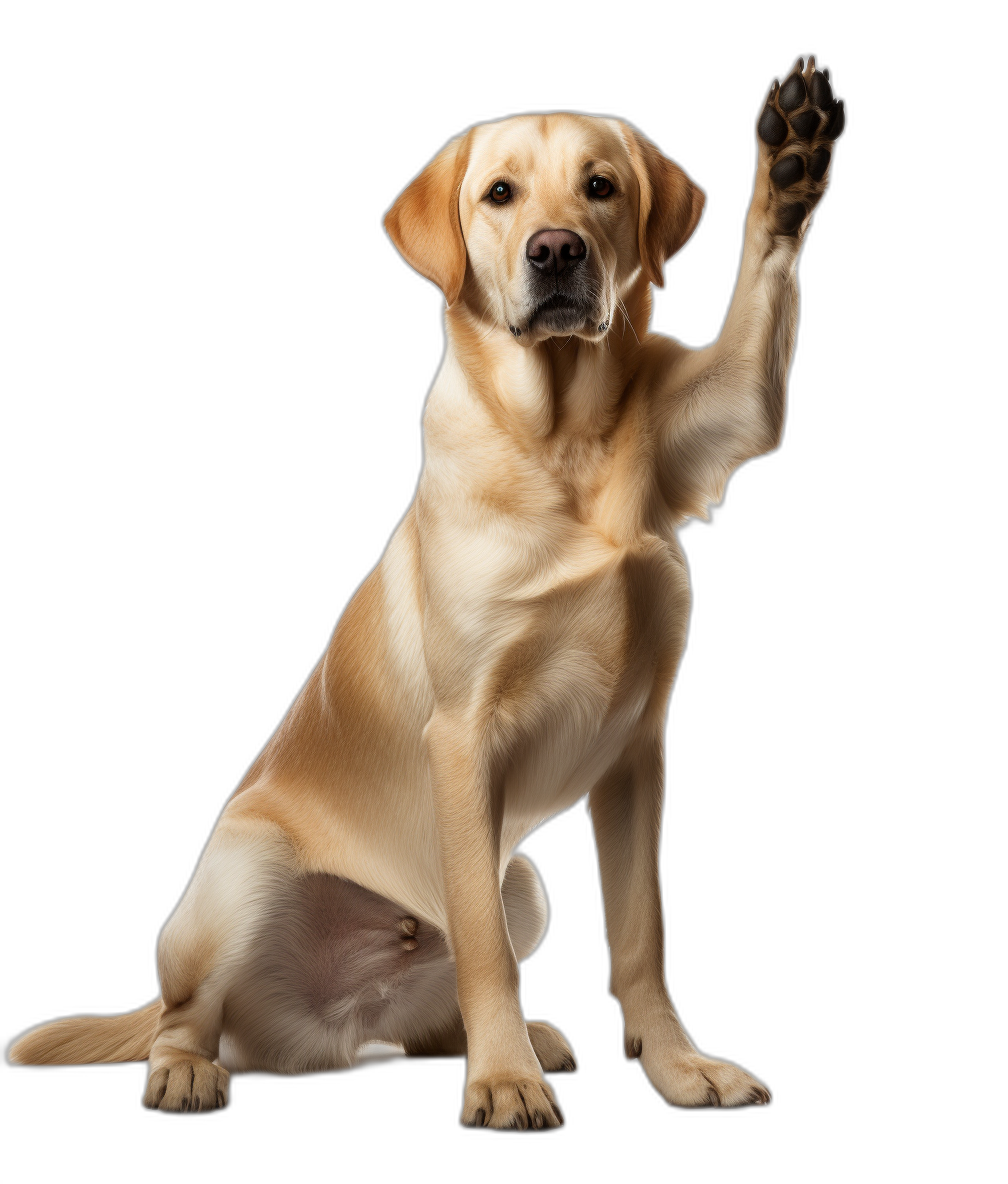 a labrador sitting and giving high five with his paw, isolated on black background, high resolution photography