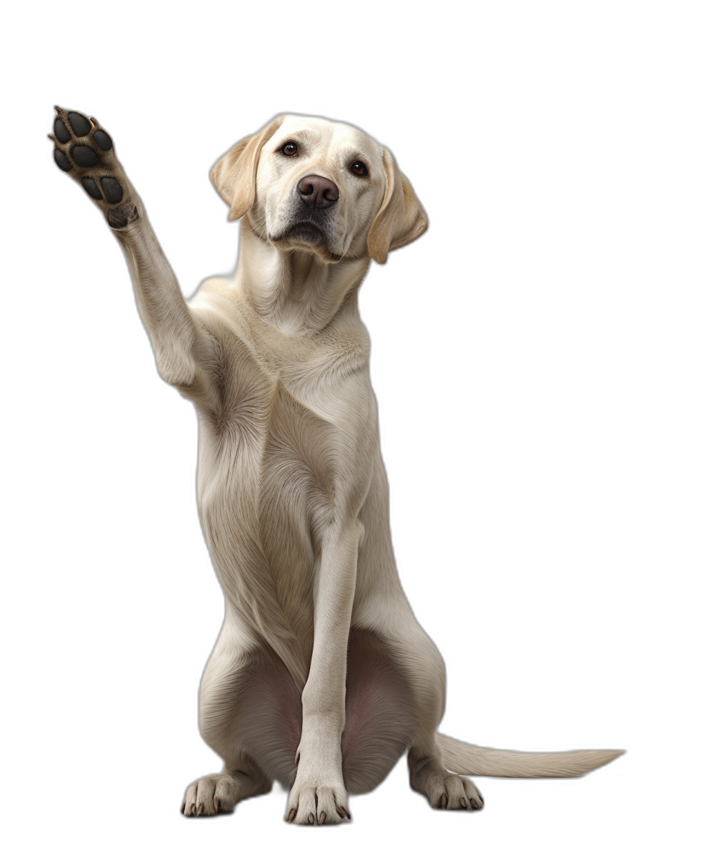 A Labrador dog sitting with one leg raised, holding up its paw to high five. Isolated on black background. Photorealistic photography