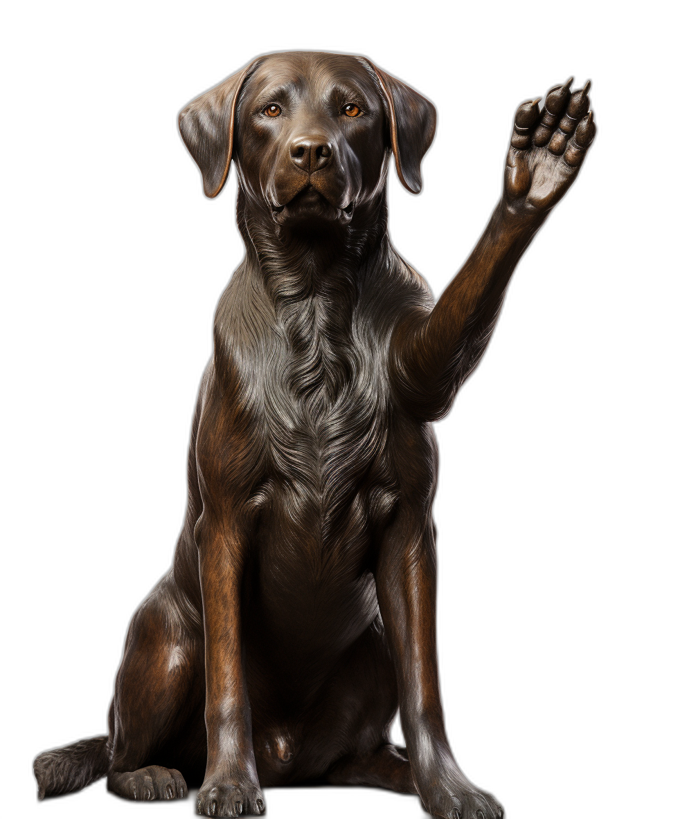 A bronze sculpture of an American Labrador sitting and waving its paw, black background, high resolution photography, realism details