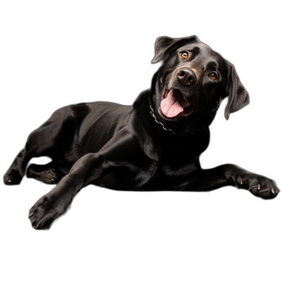 A black Labrador lying down with a happy expression in a photo studio with lighting against a pure dark background in the style of high definition photography.