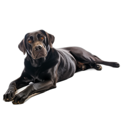 Black Labrador dog lying down, full body shot, isolated on black background, studio lighting, soft shadows, hyper realistic photography, detailed skin texture and hair material, professional color grading, no contrast, clean sharp focus, magazine style photography