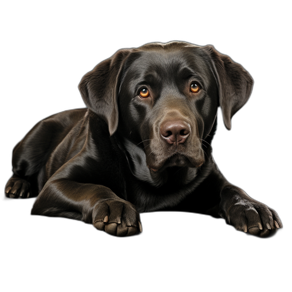 Create frontal black background picture of an adorable chocolate Labrador dog lying down with beautiful eyes and paws showing, photorealistic, hyperrealism, professional photography, professional color grading,