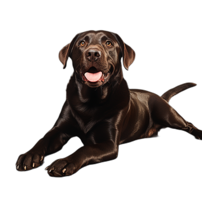 photorealistic portrait of happy chocolate Labrador lying on the floor, isolated black background, professional photography studio setup