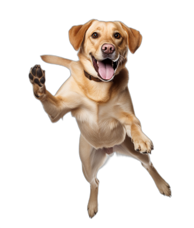 A yellow Labrador Retriever jumping with its front paws outstretched, a happy expression on its face, against a black background, in the style of high definition photography, hyperrealistic.