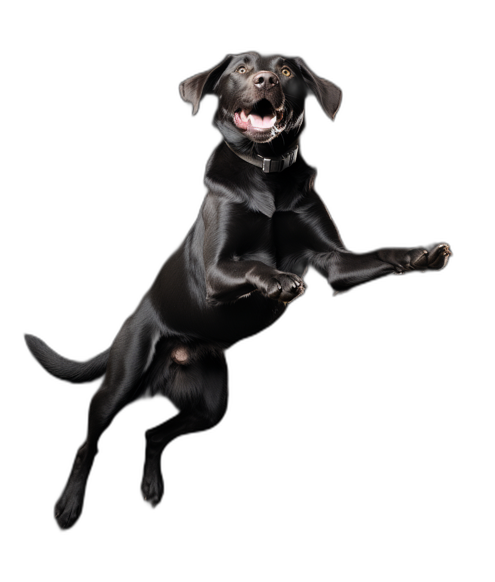 A black Labrador dog is jumping in the air, smiling and happy expression, studio lighting, pure dark background, full body shot, high definition photography