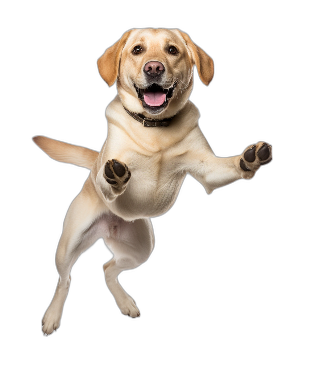 A yellow Labrador retriever jumping with his front paws out in the air, happy and smiling, isolated on a black background, professional photography, studio lighting. In the style of studio lighting.