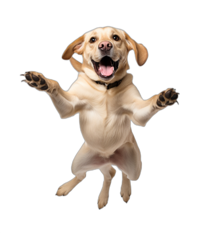 A yellow Labrador jumping with its front paws outstretched, happy expression, pure black background, studio photography, high resolution photography, hyper realistic photography in the style of William "Harry" Mafiain and unsplash contest winner.