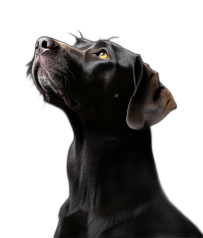 frontal dark portrait of Labrador Retriever looking up against a black background, high resolution photographic style