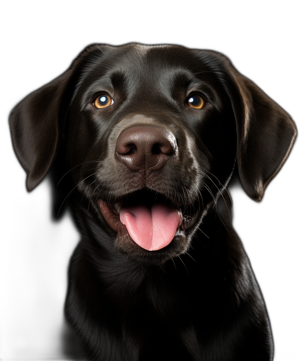 Close-up portrait of a happy chocolate Labrador, isolated on a black background, in the professional studio photography style.