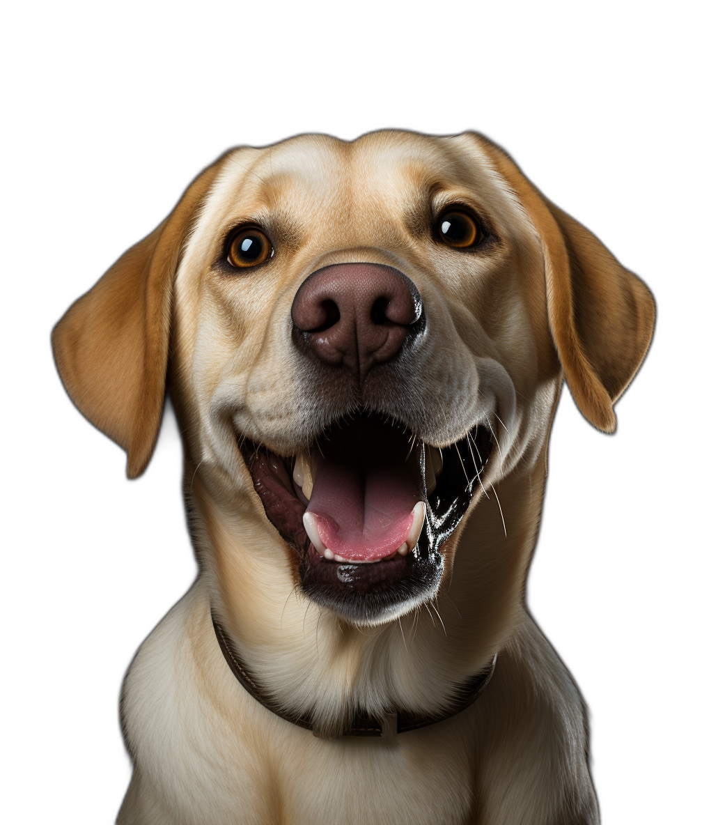 Photorealistic portrait of a happy Labrador Retriever, isolated on a black background, in a studio shot with a professional camera and volumetric lighting.