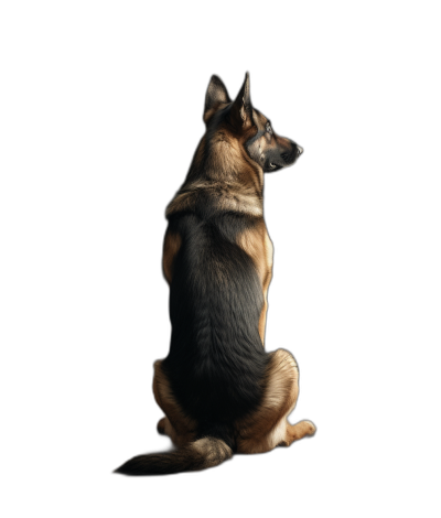 german shepherd sitting, back view, black background, high resolution photograph