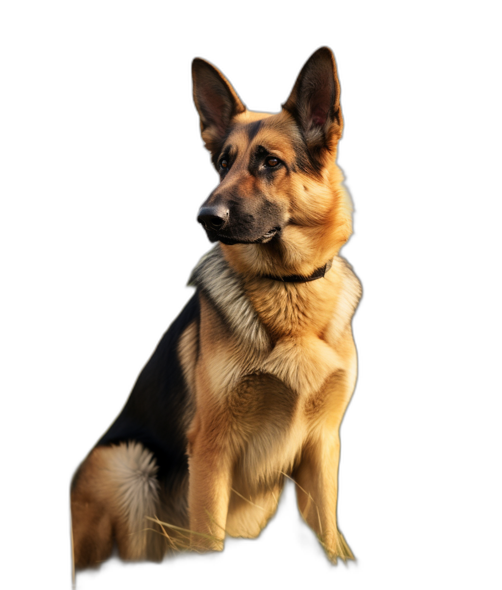 german shepherd sitting, side view, isolated on a black background, backlit, photorealistic in the style of hyperrealism, professional photography, high detail