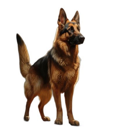 frontal picture of a German Shepherd standing on a black background, photorealistic, hyperrealistic, in the style of photo studio photography, high detail, ultra realistic, high resolution