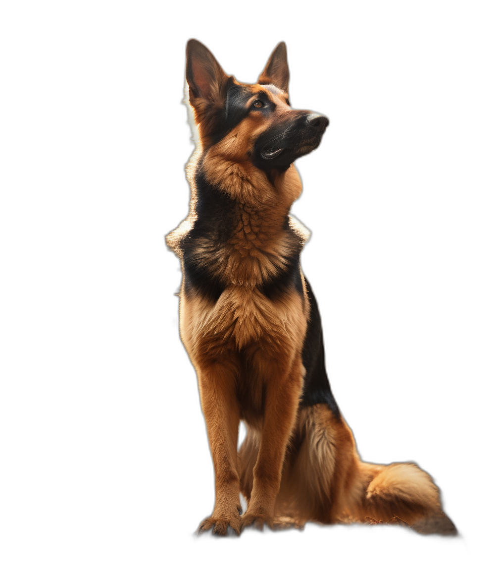 Create frontal picture of an german shepherd sitting on black background, high definition photography