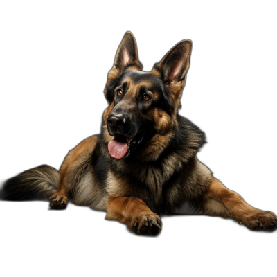 Create frontal picture of an happy german shepherd dog laying down on black background, photorealistic, high resolution