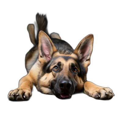 A cute German Shepherd lying down, with its head tilted and paws outstretched in front of the camera on a black background, shot from above in a hyper realistic style of photography with cinematic light.