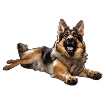 photorealistic full body lying German Shepherd dog on black background, looking at camera, smiling and happy, isolated, studio shot