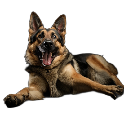 A full body photo of an happy German Shepherd dog lying down, black background, Award winning photography, professional color grading, soft shadows, no contrast, clean sharp focus digital photography