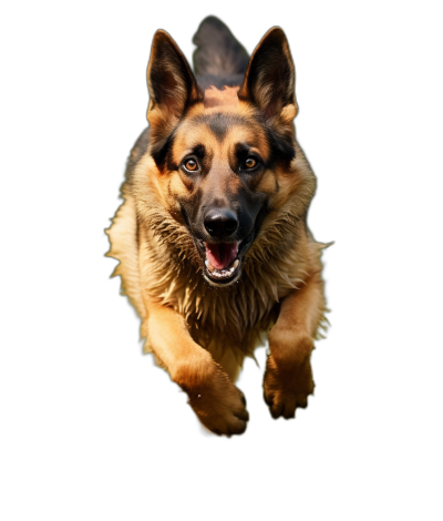 german shepherd jumping towards camera, happy expression on face, isolated against black background, professional photography, portrait shot with Canon EOS R5