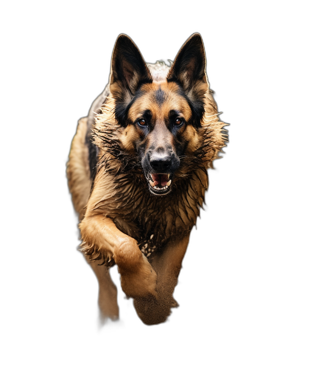 Create frontal picture of an german shepherd running towards the camera, isolated on black background, high resolution photography